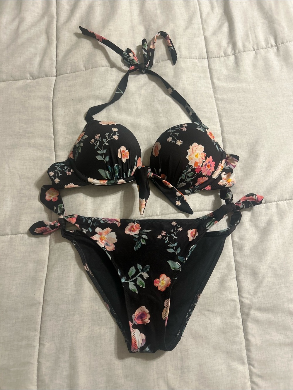 Floral Tie-Front Push-Up Bikini Set - Black and Flowers. NWOT/Never worn before